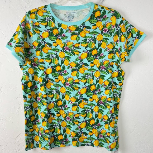 Vera Bradley‎ Shirt Knit Top Tee Ribbed Pajama PJ Sleep Lemon Grove Printed Blue - Picture 1 of 5